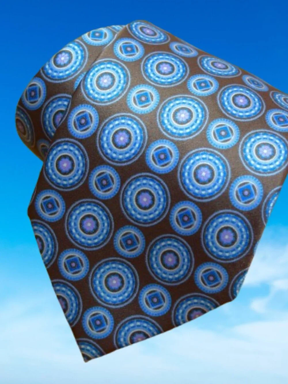 $840 BRIONI Brown Aqua Blue Geometric Medallion Handmade Italy Silk Neck Tie XL
